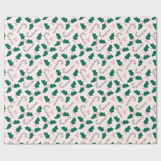 Pink Candy Canes and Holly Blätter Pattern Geschenkpapier (Flach)