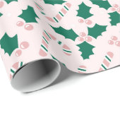 Pink Candy Canes and Holly Blätter Pattern Geschenkpapier (Rolleneckpunkt)