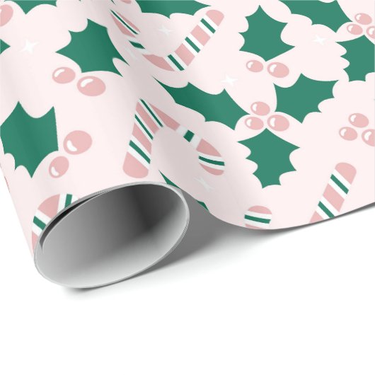 Pink Candy Canes and Holly Blätter Pattern Geschenkpapier (Rolleneckpunkt)