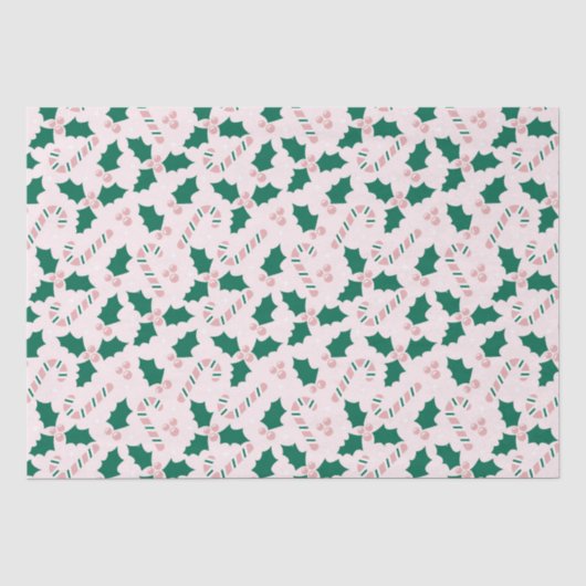 Pink Candy Canes and Holly Blätter Pattern Seidenpapier (Vorderseite)