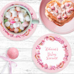 Pink Candy Frame Girl Baby Shower Runder Pappuntersetzer<br><div class="desc">We know you can't wait to see your sweet little baby and this candy-themed Baby Shower design celebrates you and your little one in all pink glory!  A delicious bakery treat and candy pink frame surrounds your shower details in an oh so yummy way.</div>