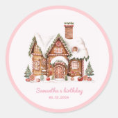 "Pink Candy Gingerbread House Birthday Sticker" Runder Aufkleber (Vorderseite)