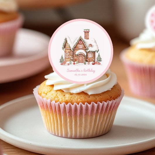 "Pink Candy Gingerbread House Birthday Sticker" Runder Aufkleber