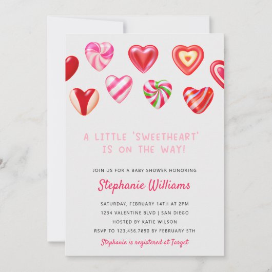 Pink Candy Hearys Ein kleines Sweetheart Baby Dusc Einladung (Vorderseite)