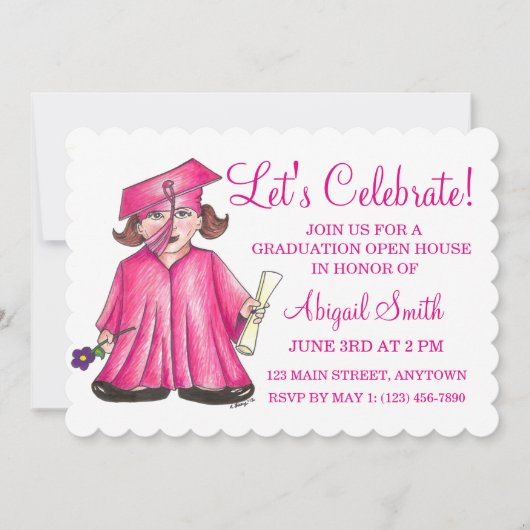 Pink Cap Gown School Graduation Party Open House Einladung (Vorderseite)