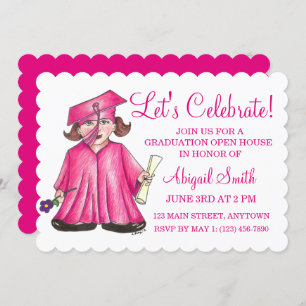 Pink Cap Gown School Graduation Party Open House Einladung