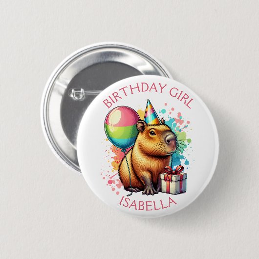 Pink Capybara Themed Birthday Girl Personalized Button (Vorne & Hinten)