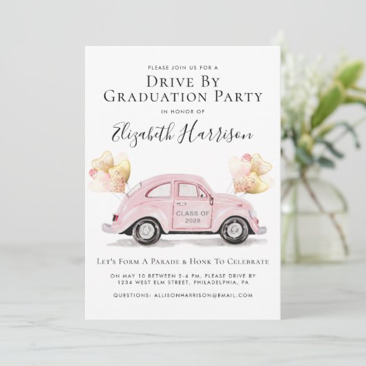 Pink Car Abschluss Drive by Partys Einladung (Stehend Vorderseite)