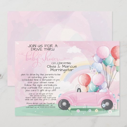 Pink Car Balloons Drive Thru Baby SHower Einladung (Vorne/Hinten)
