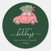 Pink Car Happy Holiday Script Round Sticker (Vorderseite)
