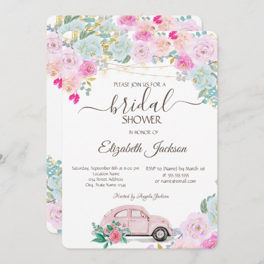 Pink Car Lights Chic Rose Brautparty Einladung (Vorne/Hinten)