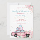 Pink Car präsentiert Blumenantrieb mit Babydusche Einladung (Vorderseite)