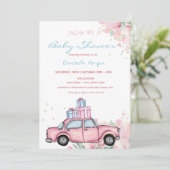 Pink Car präsentiert Blumenantrieb mit Babydusche Einladung (Stehend Vorderseite)