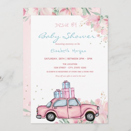 Pink Car präsentiert Blumenantrieb mit Babydusche Einladung (Vorne/Hinten)