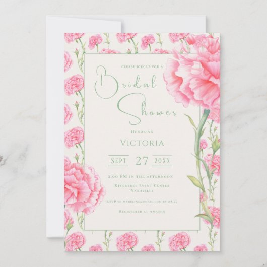 Pink Carnation Floral Bridal Shower Invitation Einladung (Vorderseite)