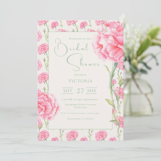 Pink Carnation Floral Bridal Shower Invitation Einladung (Stehend Vorderseite)