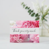 Pink Carnation Hintergrund danke Postkarte (Stehend Vorderseite)