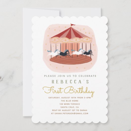 Pink Carousel Einladung zum ersten Geburtstag (Vorderseite)