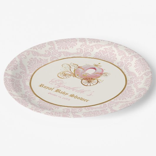 Pink Carriage Princess Fairytale Baby Shower Pappteller (Schrägansicht)