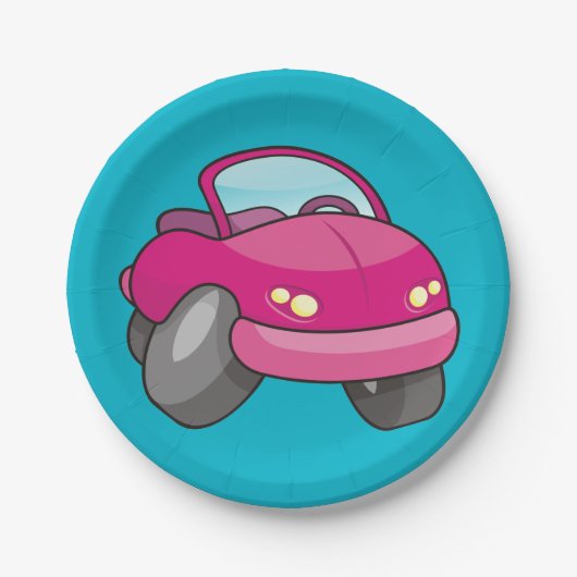 Pink Cartoon Car Pappteller (Vorderseite)