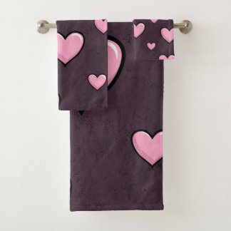 Pink Cartoon Hearts on Dark Grunge Texture Badhandtuch Set