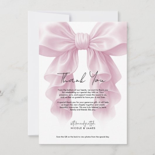 Pink Cascade Ruffle Bow Bridal Wedding Vielen Dank Einladung (Vorderseite)