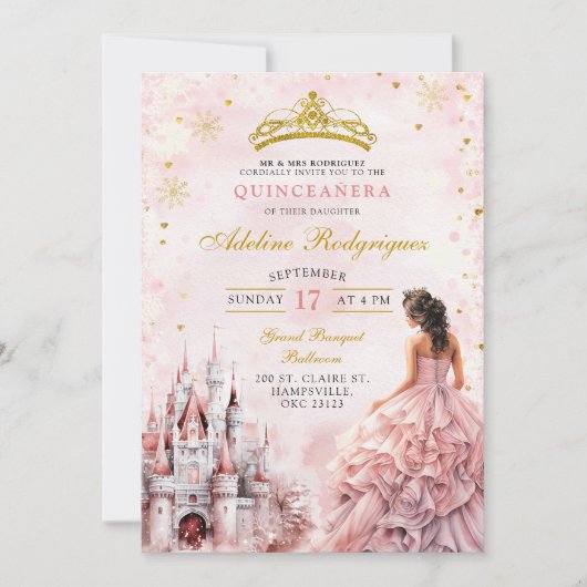 Pink Castle Palace Quinceanera Mexikanischer Gebur Einladung (Vorderseite)
