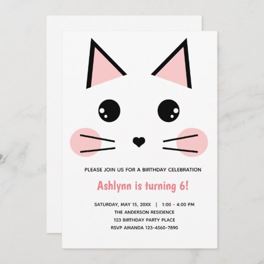 Pink Cat Birthday Einladung (Vorne/Hinten)