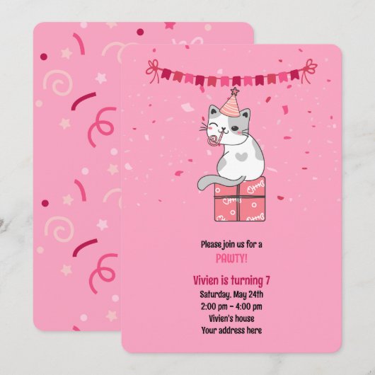 Pink Cat Kindergeburtstagsfeier Einladung (Vorne/Hinten)