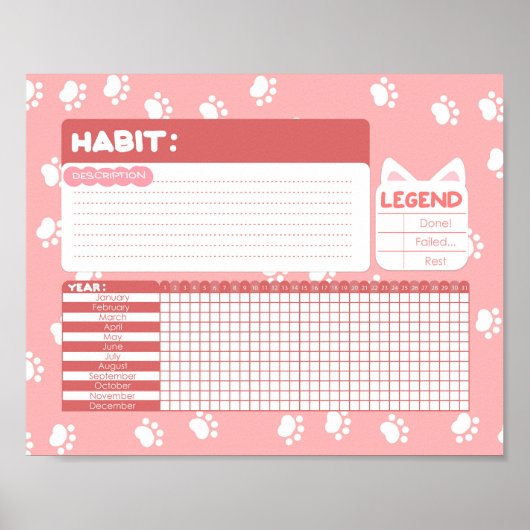 Pink Cat Paw Print Habit Tracker Poster (Vorne)