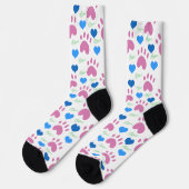 Pink Cat Paws Blue Hearts Green Meow Pattern Socken (Linkes Detail)
