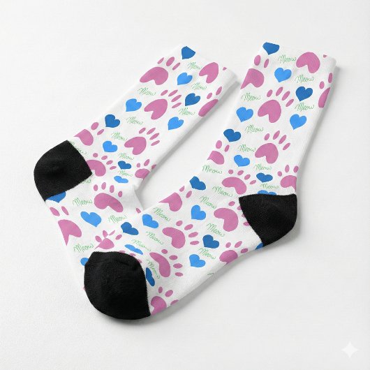 Pink Cat Paws Blue Hearts Green Meow Pattern Socken