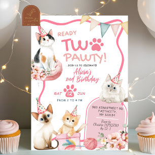 Pink Cat Ready Two Pawty 2. Geburtstagseinladung Einladung