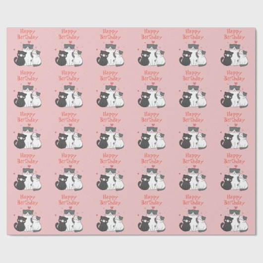 Pink Cat und Kittens Niedlich Happy Birthday Geschenkpapier (Flach)