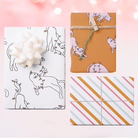 Pink Cat Weihnachtslicht Geschenkpapier Set