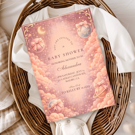 Pink Celestial Bows Clouds Baby Shower Einladung