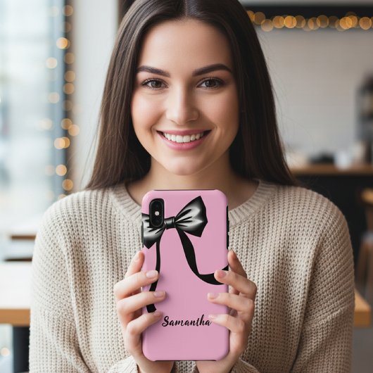 Pink Cell Phone Case with Black Bow and CustomName
