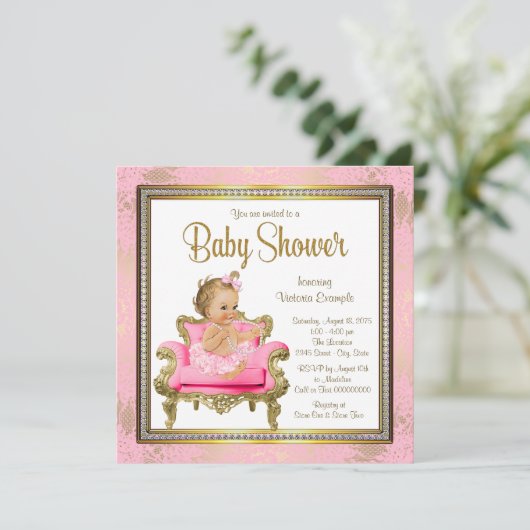 Pink Chair Lace Pearls Pink Gold Baby Dusche Einladung (Stehend Vorderseite)