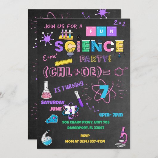 Pink Chalkboard Science Einladung (Vorne/Hinten)
