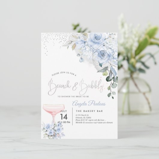 Pink Champage Brunch Bubbly Dusty Blue Rose Einladung (Stehend Vorderseite)