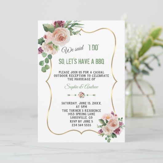 Pink Champagne Blume Gold Wedding I DO GRILLEN Einladung (Stehend Vorderseite)