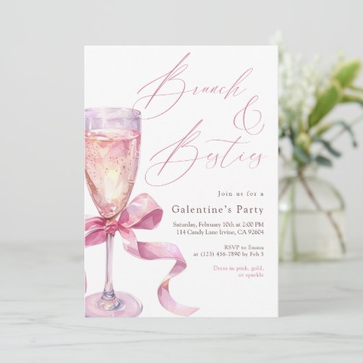 Pink Champagne Bow Brunch & Besties Galentine’s  Einladung (Stehend Vorderseite)
