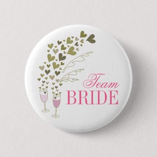 Pink Champagne Cheers & Hearts Team Bride Wedding Button (Vorderseite)