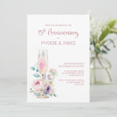 Pink Champagne Floral 15th Wedding Anniversary Einladung (Stehend Vorderseite)