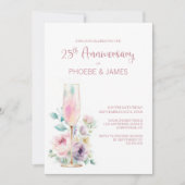 Pink Champagne Floral 25th Wedding Anniversary Einladung (Vorderseite)
