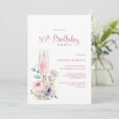 Pink Champagne Floral 50th Birthday Party Einladung (Stehend Vorderseite)