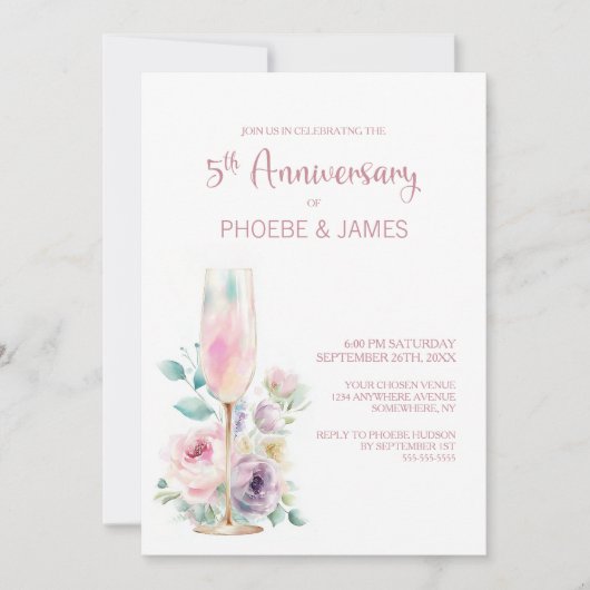 Pink Champagne Floral 5th Wedding Anniversary Einladung (Vorderseite)