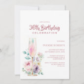 Pink Champagne Floral Any Age Birthday Party Einladung (Vorderseite)