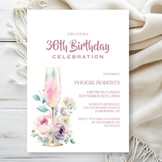 Pink Champagne Floral Any Age Birthday Party Einladung