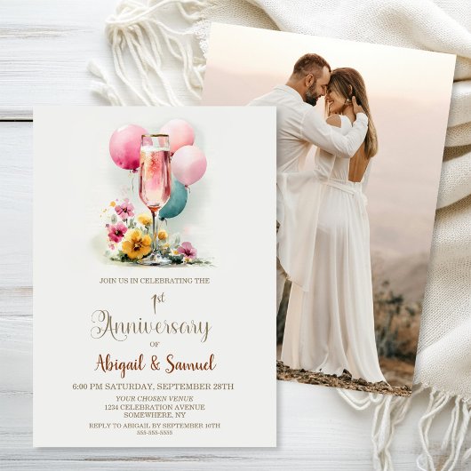 Pink Champagne Glass 1. Hochzeitstag Einladung